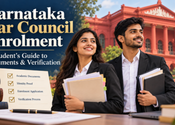 Law graduates holding document folders outside the Karnataka High Court for a Karnataka Bar Council enrolment guide.